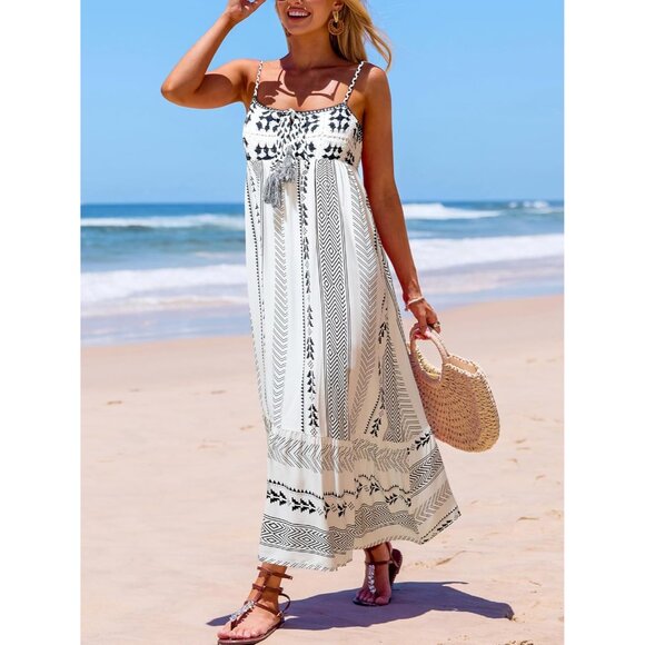 Women's Summer Maxi Dress Rayon Boho Ruffled Tassel Sleeveless Beach Vacation - Picture 2 of 5